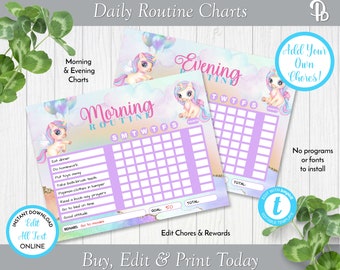 May include: Printable chart with a unicorn and rainbow design for a morning routine. The chart includes a checklist of activities for each day of the week, with a goal of 50 points. The text on the chart says "Morning Routine" and "Add Your Own Chores!"