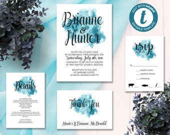 Turquoise Smoke Wedding Invitation Suite, Invitation de mariage contemporain, Invitation de mariage imprimable, Edit in Templett, ZWA 17084