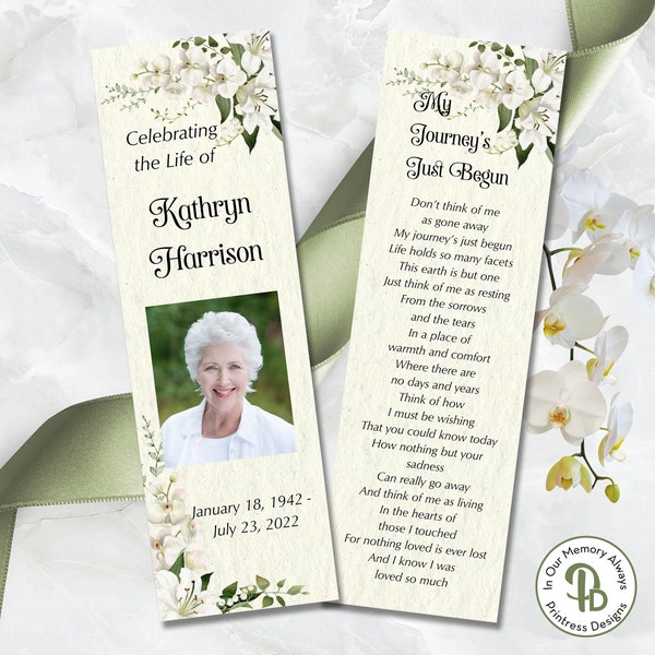 Lily Floral Printable Funeral Bookmark Template, Orchids Editable Memorial Bookmark Template, Funeral Keepsake Favor, Templett QBKM 21551