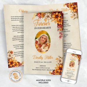 Könnte beinhalten: Eine Traueranzeige mit einem floralen Design mit orangefarbenen, gelben und roten Blumen. Die Anzeige enthält den Namen "Dorothy Miller" und die Daten "January 18, 1942 - July 23, 20XX". Der Text "Forever in Our Hearts" ist ebenfalls enthalten.