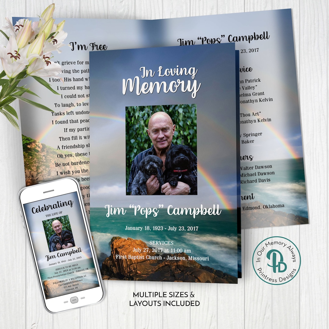 Rainbow Over the Sea Funeral Program Template, Obituary/order of Service Template, Printable ...