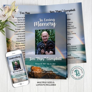 Rainbow over the Sea Funeral Program Template, Obituary/Order of Service Template, Printable Memorial Service, Edit in Templett, ZFP 21042