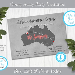 Kaart Australië weggaan uitnodiging feest, uitnodiging voor feest verplaatsen, Bon Voyage feestuitnodiging, bewerken in Templett, ZGA 22009