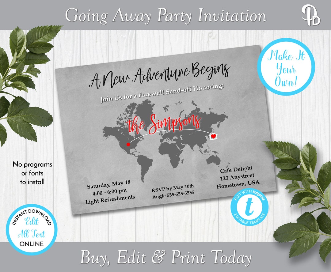 Map Party Invite World Map Going Away Party Invitation, Moving Party Invitation, Bon ...