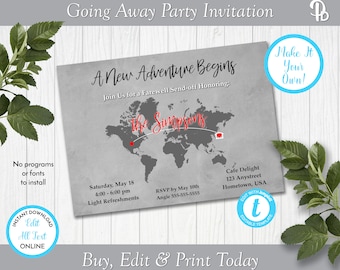 World Map Going Away Party Invitation, Moving Party Invitation, Bon Voyage Party Invite, Edit in Templett, ZGA 22010