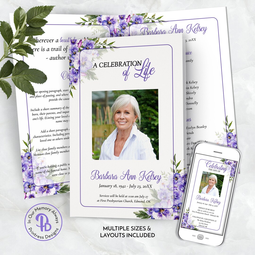 Purple Pansy Funeral Program, Obituary Template, Celebration of Life Program, Memorial Service