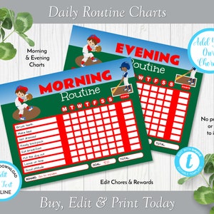 May include: Printable baseball-themed daily routine charts for kids. The charts are green and red with a baseball field background. The charts include sections for morning and evening routines, with space to list chores and rewards.