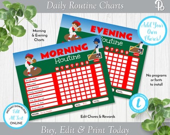Baseball Children's Daily Routine Charts, Morning Routine Chart, Bedtime Routine Chart, Edit in Templett, ZDC 26014 C114