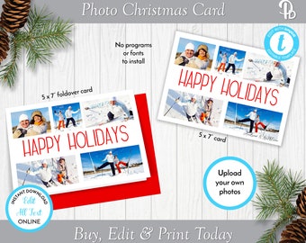 Happy Holidays Photo Card Template,  Printable Christmas Photo Card, Flat or folded card Edit in Templett, ZCHC 14006