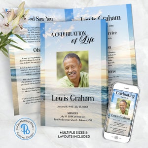 Modèle de programme d&#39;enterrement de l&#39;aube à la plage, nécrologie/modèle d&#39;ordre de service, service commémoratif imprimable, modification à Templett, QFP 21240