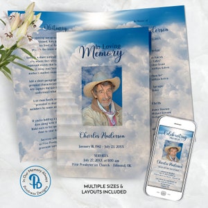 Puede incluir: Una tarjeta conmemorativa azul y blanca con una foto de un hombre con un sombrero de vaquero. La tarjeta dice "In Loving Memory Charles Anderson January 18, 1942 - July 23, 20XX Services July 27, 20XX at 11:00 am First Presbyterian Church - Edmond, OK" y "Multiple Sizes & Layouts Included".