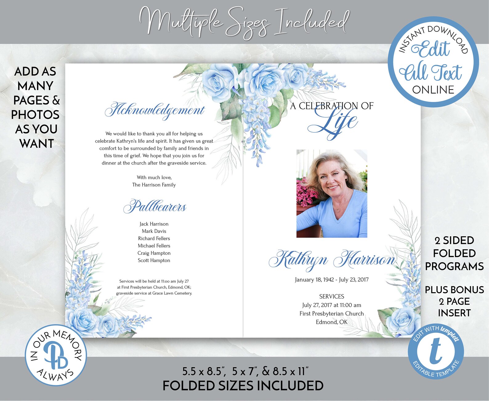 Blue Roses and Wisteria Funeral Program, Obituary Template, Celebration ...
