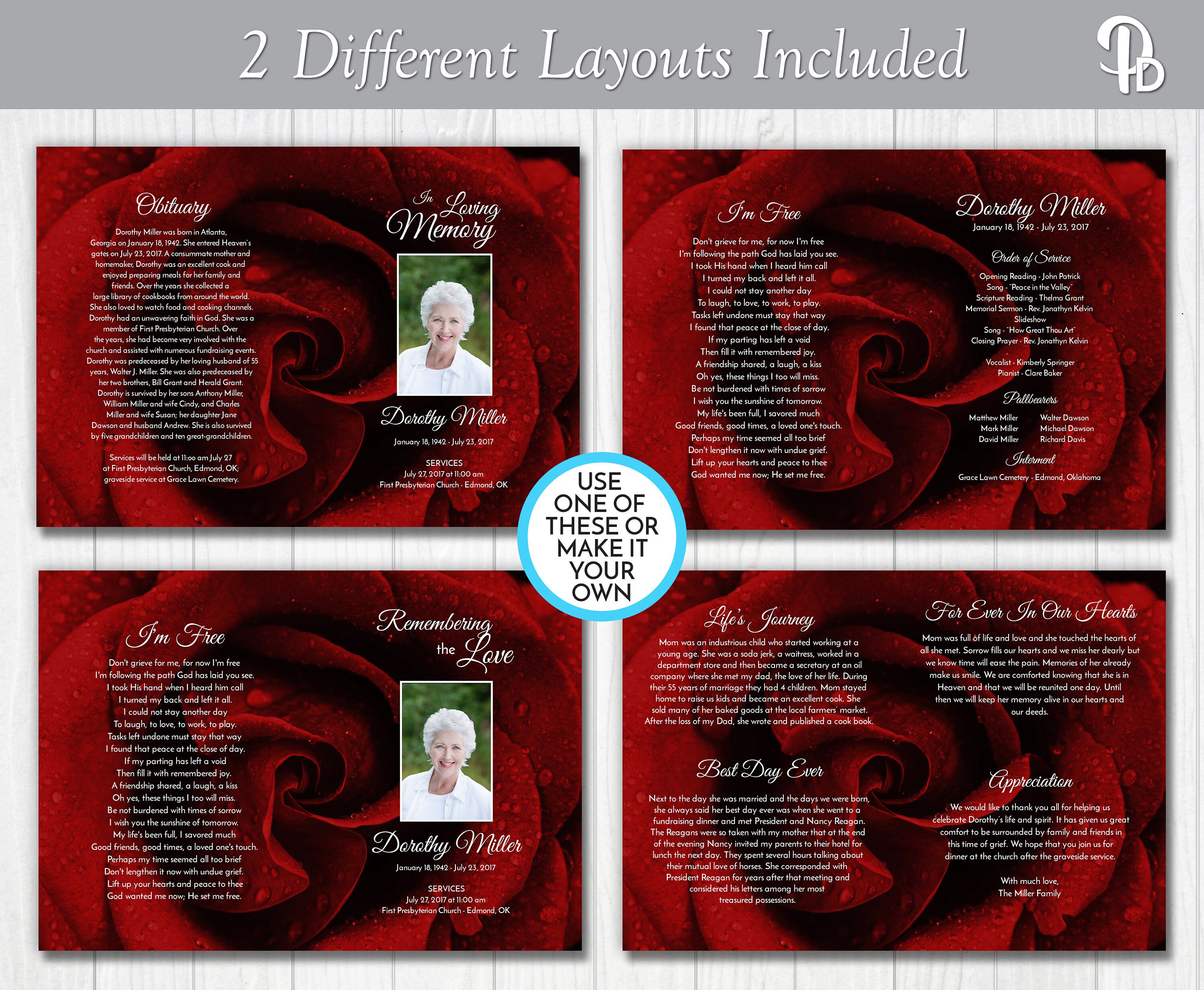 Deep Red Rose Funeral Program Template Obituary/order of Etsy Canada