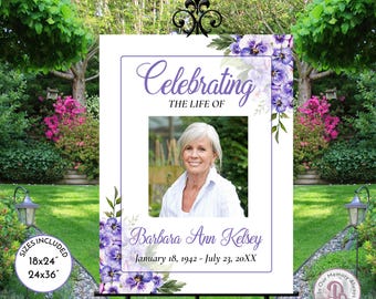 Purple Pansy Floral Funeral Welcome Sign, Celebrating the Life of Sign, Printable Funeral Sign, 2 sizes, Editable, QFWS 21554