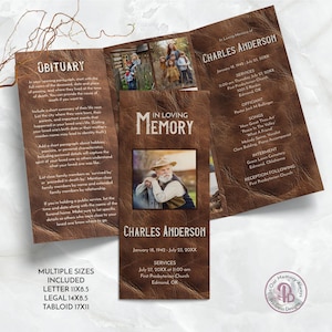 Op de afbeelding: Een drievoudig gevouwen herdenkingskaart met een leerachtige textuur. De kaart bevat een foto van een man en familiefoto's. Tekst bevat "Obituary", "In Loving Memory" en details over het leven en de dienst van Charles Anderson.