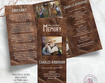 Rustic Leather Trifold Funeral Program, Obituary Template, Country Western Memorial Service Celebration of Life Program, Templett QFP3 21294