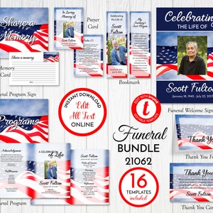 Waving Flag Funeral Program Bundle, Funeral Program Template, Welcome Signs, Thank You Cards, Share a Memory Card, Bookmar QFPB 21062