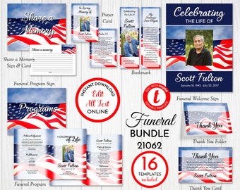 Waving Flag Funeral Program Bundle, Funeral Program Template, Welcome Signs, Thank You Cards, Share a Memory Card, Bookmar QFPB 21062