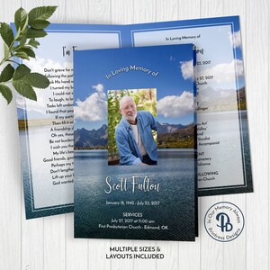 Modèle de programme de funérailles de Mountain Lake, nécrologie/modèle d&#39;ordre de service, modèle imprimable de service commémoratif, modifier à Templett, ZFP 21052