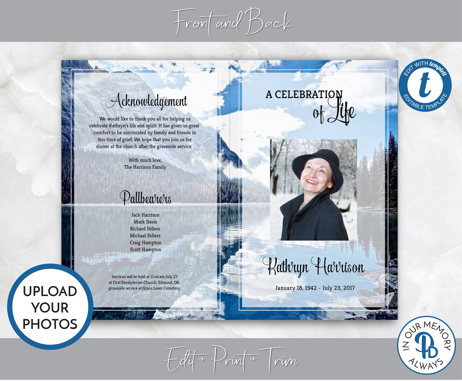 Mountain Lake Funeral Program, Obituary Template, Celebration of Life