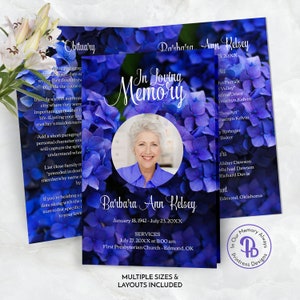 Dark Blue Purple Hydrangea Funeral Program, Obituary Template, Celebration of Life Program, Memorial Service, Editable Templett QFP 21215