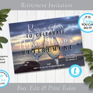 Champagne at Dusk Retirement Party Invitation, Champagne Retirement Party Invite, Retirement Celebration Invite, Edit in Templett, ZRT 24025