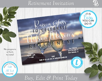 Champagne at Dusk Retirement Party Invitation, Champagne Retirement Party Invite, Retirement Celebration Invite, Edit in Templett, ZRT 24025