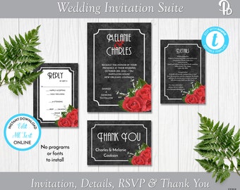 Art Deco Red Rose Wedding Invitation Suite, Christmas Wedding Invite, Printable Wedding Template, Edit in Templett, ZWA 17212