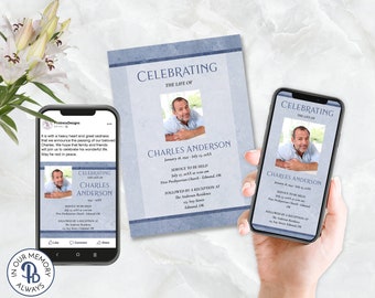 May include: A blue and white digital memorial card with a photo of a man and the text "Celebrating the Life of Charles Anderson". The card includes the dates January 18, 1941 - July 12, XXXX, service details, and a reception location.