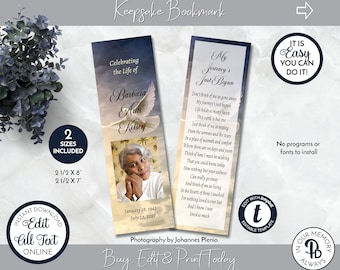 Sunburst Dove Printable Funeral Bookmark Template, Editable Memorial Bookmark Template, Funeral Keepsake Favor, Templett ZBKM 21191