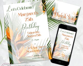 Bird of Paradise Birthday Party Invitation Template, Tropical Birthday Digital Invite, Printable and Editable in Templett, ZBD 13091