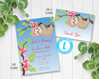 Let's Hang Sloth Birthday Party Invitation, Sloth Party Invitation, Sloth Birthday Invite, Edit in Templett, ZBD 13060