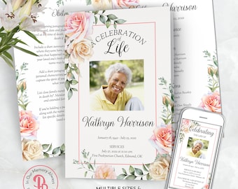 Programa funerário com rosas em tons de rosa blush e creme, modelo de obituário, programa de celebração da vida, cerimônia memorial, Templett QFP 21550