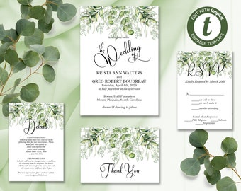 Greenery Wedding Invitation Suite, Foliage Wedding Invite, Printable Wedding Invitation Template, Edit in Templett, ZWA 17170