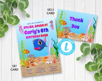 Splish, Splash Birthday Bash Invitation, Under the Sea Birthday Party Invitation, Edit in Templett, ZBD 13057