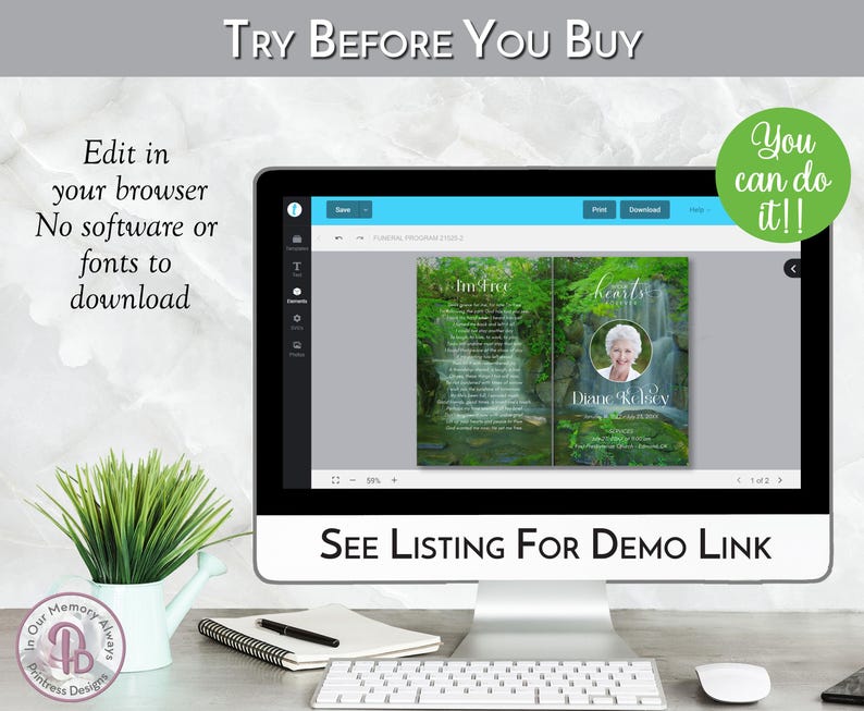 Computer Keyboard Funeral Waterfall Funeral Program Template, Editable Memorial Service Brochure ...