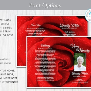 Red Rose Funeral Program Template, Obituary/order of Service Template, Printable Memorial ...