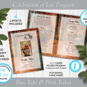 May include: A 5x7 inch two-sided folded program for a Celebration of Life. The program includes four layouts and a bonus two-page insert. The design features a photo of a person with a dog, and text that reads "Celebration of Life Program".