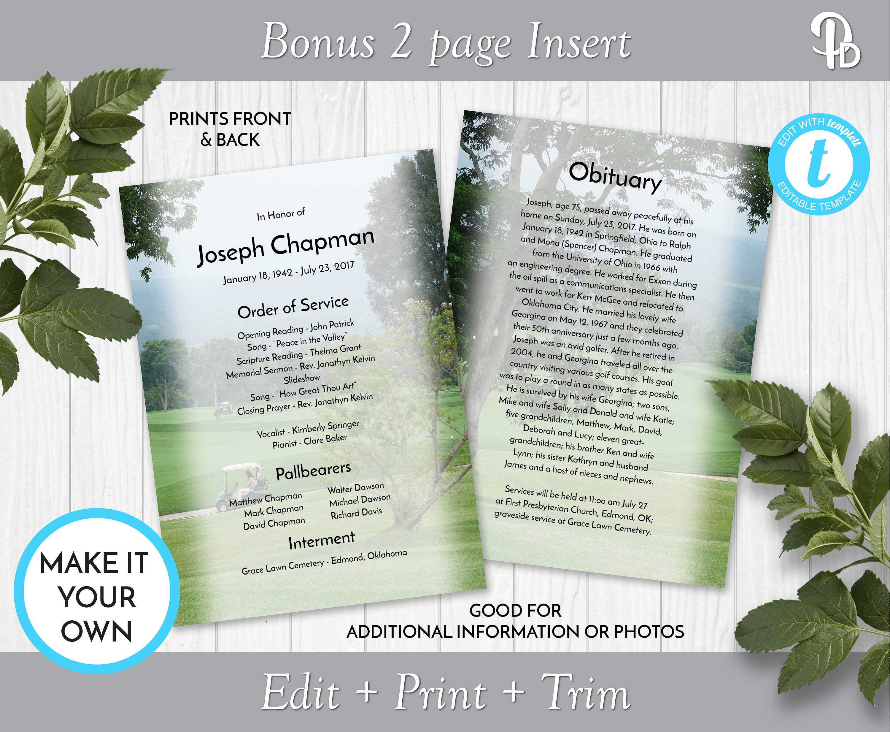 Golfer's Funeral Program Template Obituary/Order of | Etsy