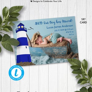 Ahoy Baby Boy Birth Announcement, Newborn Announcement, Photo Birth Announcement Template, Edit in Templett, ZBA 11010