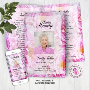 Pink Peonies Funeral Program Template, Obituary/Order of Service Template, Printable Memorial Service Template, Edit in Templett, ZFP 21007