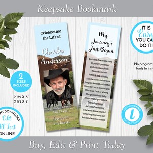 May include: A blue and white printable bookmark with a photo of a man in a cowboy hat and the text "Celebrating the Life of Charles Anderson" and "My Journey's Just Begun". The bookmark is 6.35 cm by 20.32 cm or 6.35 cm by 17.78 cm.