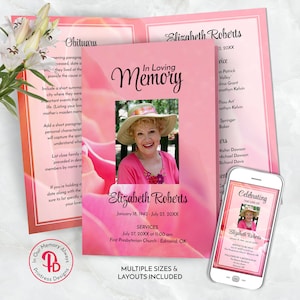 Coral Pink Rose Funeral Program, Obituary Template, Celebration of Life Program, Memorial Service, Editable Templett QFP 21168