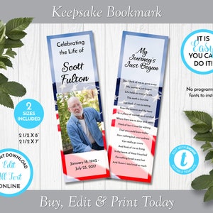 Waving Flag Printable Funeral Bookmark Template, Patriotic Editable Memorial Bookmark Template, Funeral Keepsake Favor, Templett, ZBKM 21062
