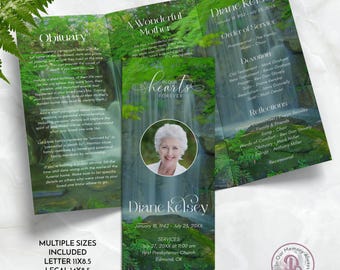 Waterfall Trifold Funeral Program, Obituary Template, Green Landscape Memorial Service Celebration of Life Program, Templett QFP3 21299