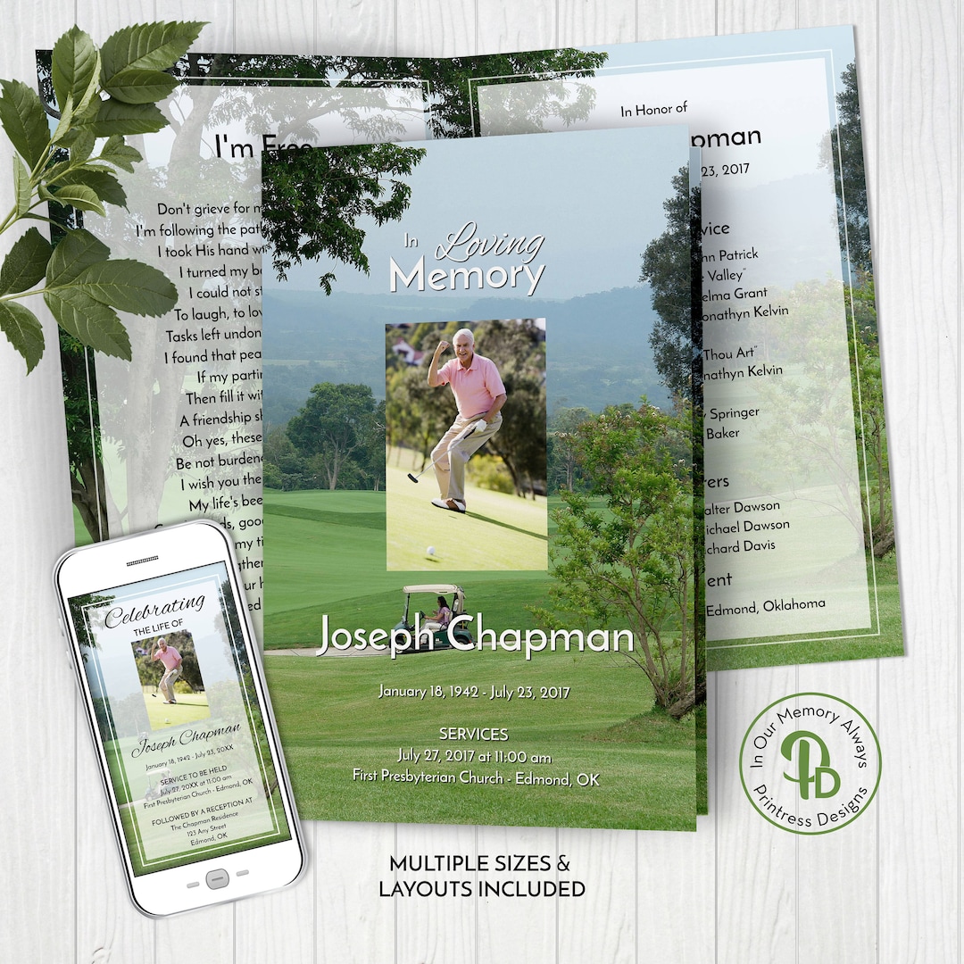 Golfer's Funeral Program Template, Obituary Order of Service Template, Printable Memorial ...