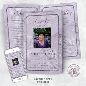 May include: Purple and silver funeral program template with a photo of a woman in a purple shirt. The text "In Our Hearts Forever" is at the top of the program. The text "Diane Kelsey" is at the bottom of the program. The program includes the dates of birth and death, service information, and a section for a short biography.