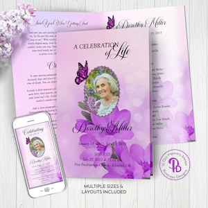 Purple Floral & Butterflies Funeral Program Template, Obituary/Order of Service, Printable Memorial Service, Edit in Templett, ZFP 21020