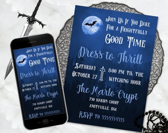 Dress to Thrill Printable Halloween Costume Party Invitation, Adult Digital Halloween Invite, Edit in Templett, ZHL 20005