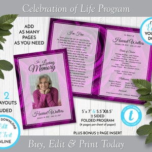 Fuchsia Dew Drops Rose Memorial Service Template, Obituary/order of ...